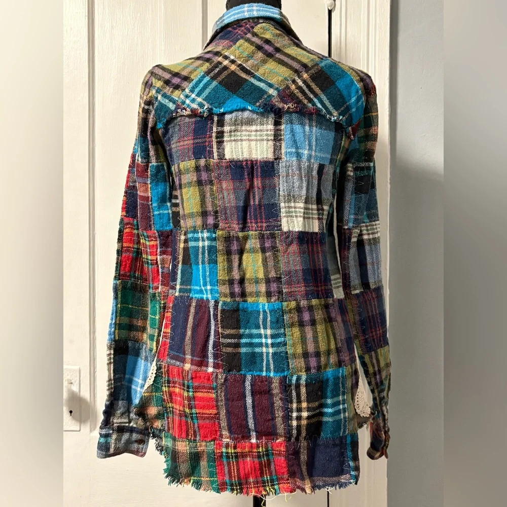 We The Free “Lost in Plaid” Patchwork Flannel Plaid Top with Lace Crochet Sides - Picture 5 of 16